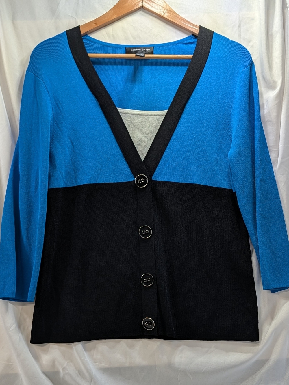 Cable & Gauge Color Block Blue w/ Black and White V-Neck Pullover Blouse XL